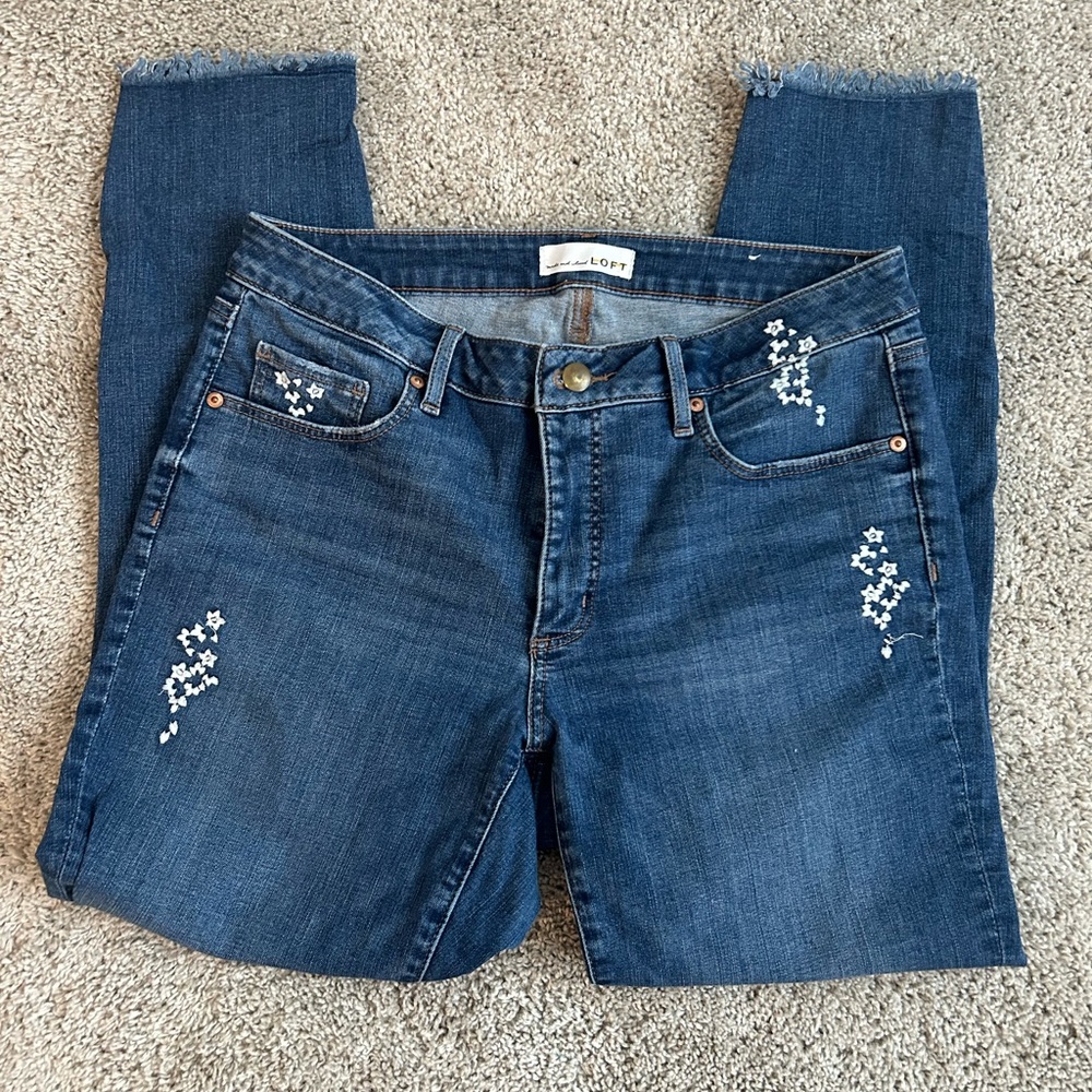 Loft Curvy Skinny, frayed hem, embroidered jeans